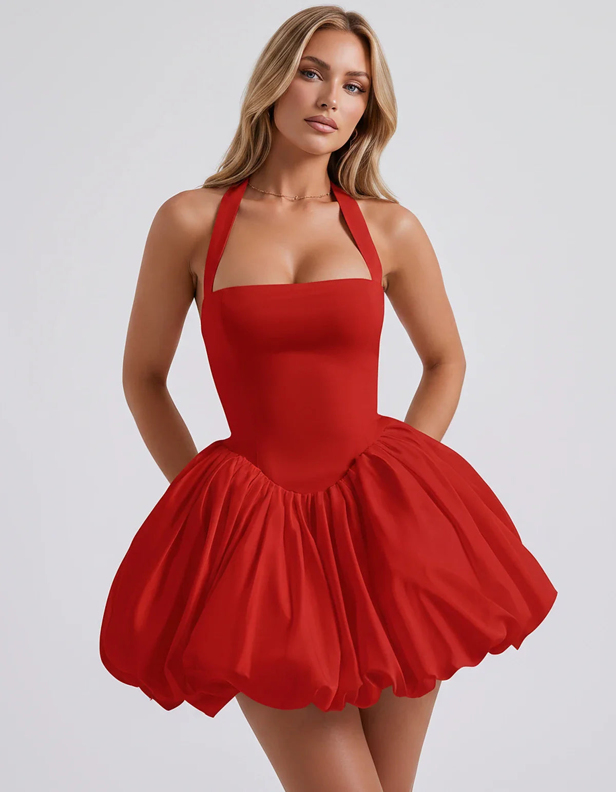 Satin Halter Square Neck Corset Bubble Hem Mini Dress for Party, Cocktail, Evening, Homecoming, Summer & Wedding Guest Events | SKU: VMD-583920174615382-RED-L,VMD-583920174615382-RED-M,VMD-583920174615382-RED-S,VMD-583920174615382-RED-XL,VMD-583920174615382-RED-XS