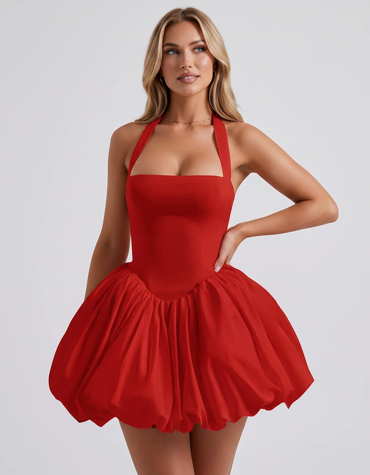 Satin Halter Square Neck Corset Bubble Hem Mini Dress for Party, Cocktail, Evening, Homecoming, Summer & Wedding Guest Events | SKU: VMD-583920174615382-RED-L,VMD-583920174615382-RED-M,VMD-583920174615382-RED-S,VMD-583920174615382-RED-XL,VMD-583920174615382-RED-XS