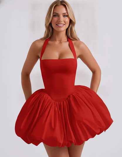 Satin Halter Square Neck Corset Bubble Hem Mini Dress for Party, Cocktail, Evening, Homecoming, Summer & Wedding Guest Events | SKU: VMD-583920174615382-RED-L,VMD-583920174615382-RED-M,VMD-583920174615382-RED-S,VMD-583920174615382-RED-XL,VMD-583920174615382-RED-XS