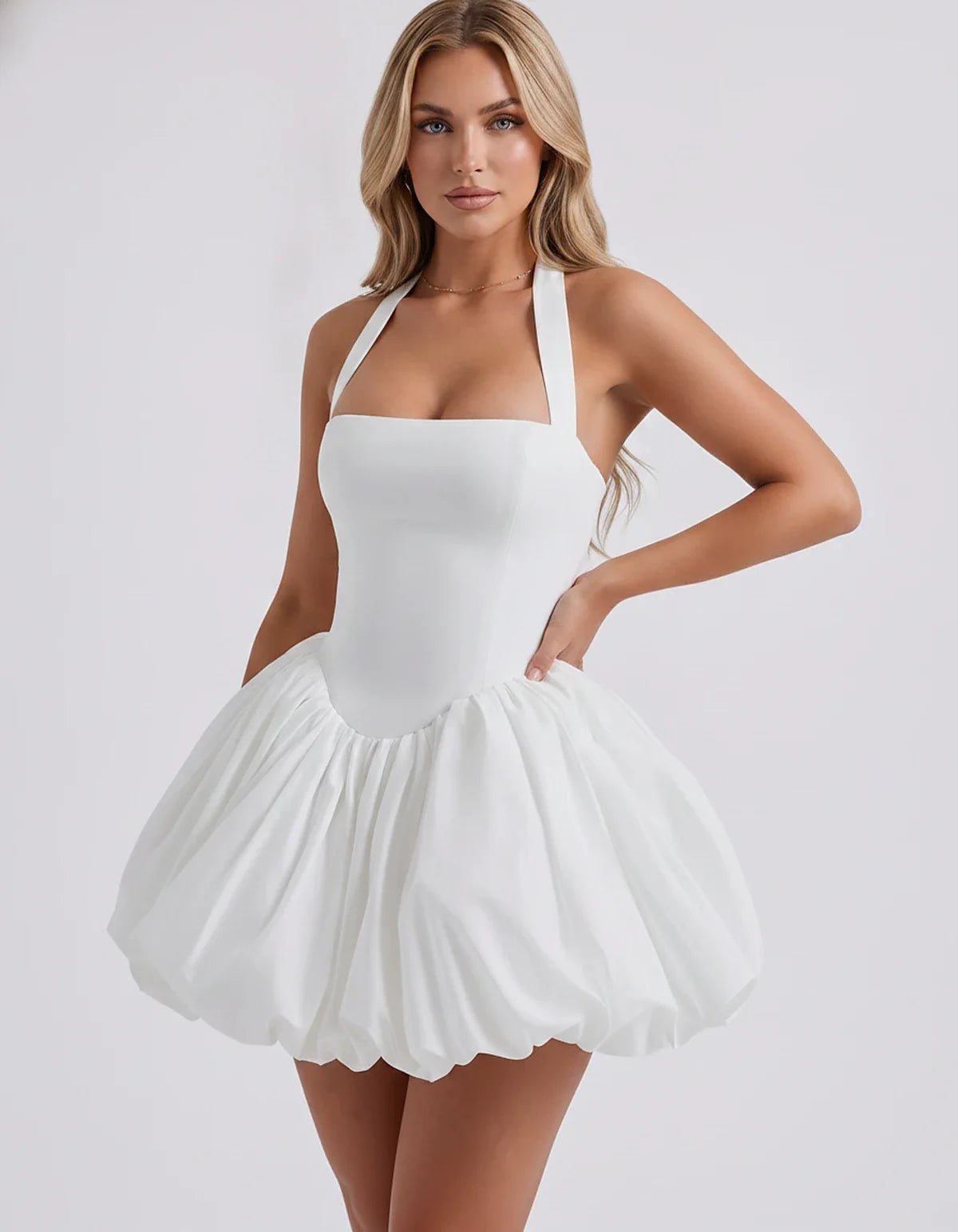 Satin Halter Square Neck Corset Bubble Hem Mini Dress for Party, Cocktail, Evening, Homecoming, Summer & Wedding Guest Events | SKU: VMD-583920174615382-WHITE-L,VMD-583920174615382-WHITE-M,VMD-583920174615382-WHITE-S,VMD-583920174615382-WHITE-XL,VMD-583920174615382-WHITE-XS