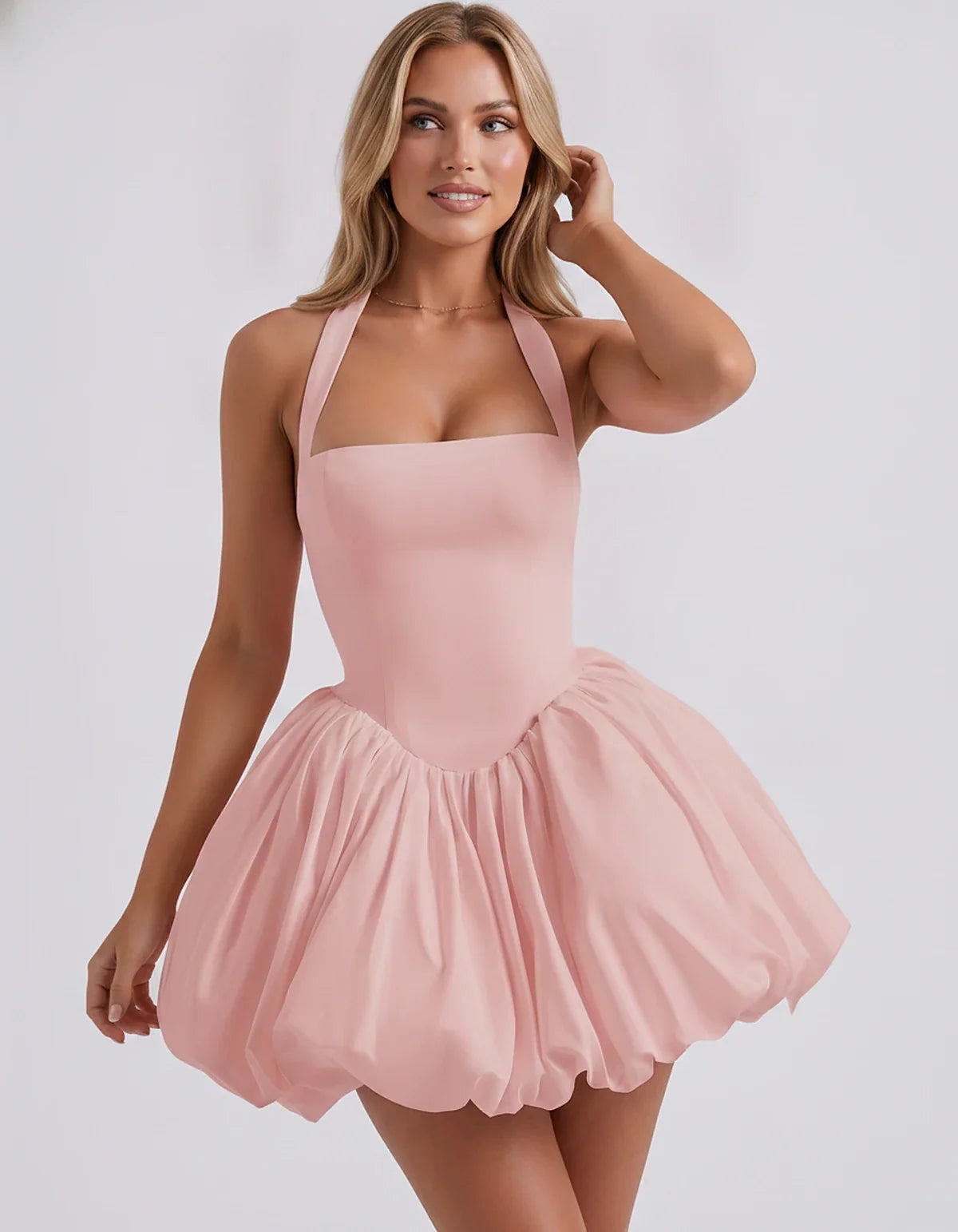 Satin Halter Square Neck Corset Bubble Hem Mini Dress for Party, Cocktail, Evening, Homecoming, Summer & Wedding Guest Events | SKU: VMD-583920174615382-BLUSH-L,VMD-583920174615382-BLUSH-M,VMD-583920174615382-BLUSH-S,VMD-583920174615382-BLUSH-XL,VMD-583920174615382-BLUSH-XS