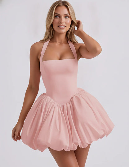 Satin Halter Square Neck Corset Bubble Hem Mini Dress for Party, Cocktail, Evening, Homecoming, Summer & Wedding Guest Events | SKU: VMD-583920174615382-BLUSH-L,VMD-583920174615382-BLUSH-M,VMD-583920174615382-BLUSH-S,VMD-583920174615382-BLUSH-XL,VMD-583920174615382-BLUSH-XS