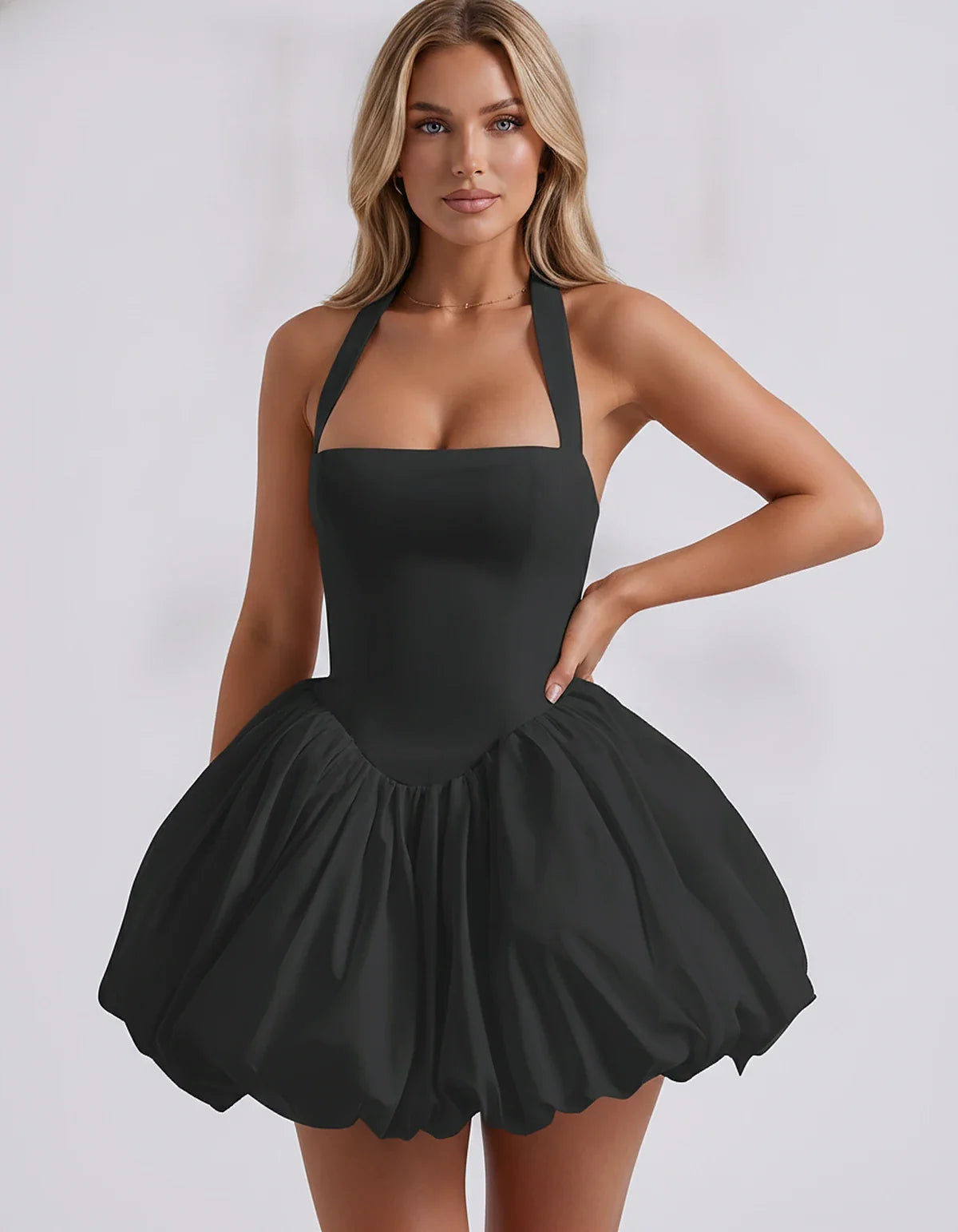 Satin Halter Square Neck Corset Bubble Hem Mini Dress for Party, Cocktail, Evening, Homecoming, Summer & Wedding Guest Events | SKU: VMD-583920174615382-BLACK-L,VMD-583920174615382-BLACK-M,VMD-583920174615382-BLACK-S,VMD-583920174615382-BLACK-XL,VMD-583920174615382-BLACK-XS