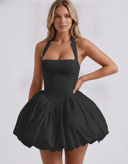 Satin Halter Square Neck Corset Bubble Hem Mini Dress for Party, Cocktail, Evening, Homecoming, Summer & Wedding Guest Events | SKU: VMD-583920174615382-BLACK-L,VMD-583920174615382-BLACK-M,VMD-583920174615382-BLACK-S,VMD-583920174615382-BLACK-XL,VMD-583920174615382-BLACK-XS