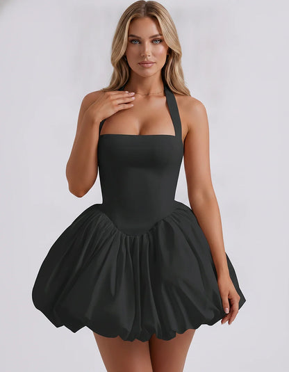 Satin Halter Square Neck Corset Bubble Hem Mini Dress for Party, Cocktail, Evening, Homecoming, Summer & Wedding Guest Events | SKU: VMD-583920174615382-BLACK-L,VMD-583920174615382-BLACK-M,VMD-583920174615382-BLACK-S,VMD-583920174615382-BLACK-XL,VMD-583920174615382-BLACK-XS