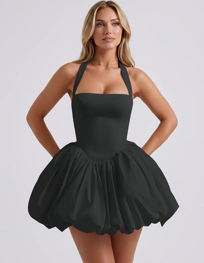 Satin Halter Square Neck Corset Bubble Hem Mini Dress for Party, Cocktail, Evening, Homecoming, Summer & Wedding Guest Events | SKU: VMD-583920174615382-BLACK-L,VMD-583920174615382-BLACK-M,VMD-583920174615382-BLACK-S,VMD-583920174615382-BLACK-XL,VMD-583920174615382-BLACK-XS