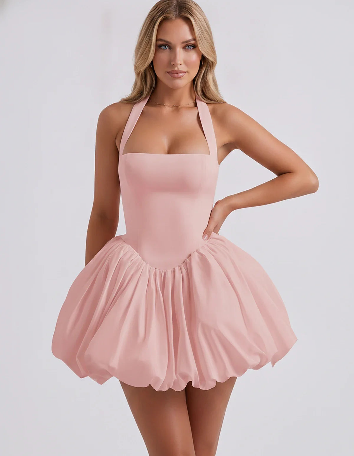 Satin Halter Square Neck Corset Bubble Hem Mini Dress for Party, Cocktail, Evening, Homecoming, Summer & Wedding Guest Events | SKU: VMD-583920174615382-BLUSH-L,VMD-583920174615382-BLUSH-M,VMD-583920174615382-BLUSH-S,VMD-583920174615382-BLUSH-XL,VMD-583920174615382-BLUSH-XS