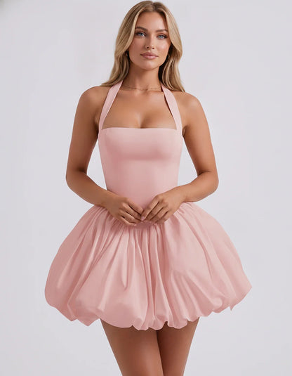 Satin Halter Square Neck Corset Bubble Hem Mini Dress for Party, Cocktail, Evening, Homecoming, Summer & Wedding Guest Events | SKU: VMD-583920174615382-BLUSH-L,VMD-583920174615382-BLUSH-M,VMD-583920174615382-BLUSH-S,VMD-583920174615382-BLUSH-XL,VMD-583920174615382-BLUSH-XS