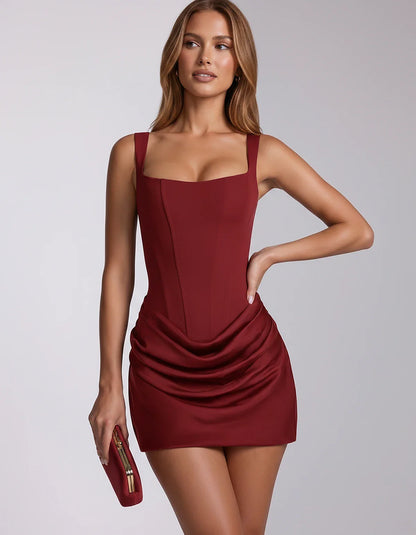Satin Square Neck Fitted Mini Dress with Wide Straps for Homecoming, Party, Cocktail, Evening, Summer & Wedding Guest Events, | SKU: VM-583741926184357-WINE-L,VM-583741926184357-WINE-M,VM-583741926184357-WINE-S,VM-583741926184357-WINE-XL,VM-583741926184357-WINE-XS