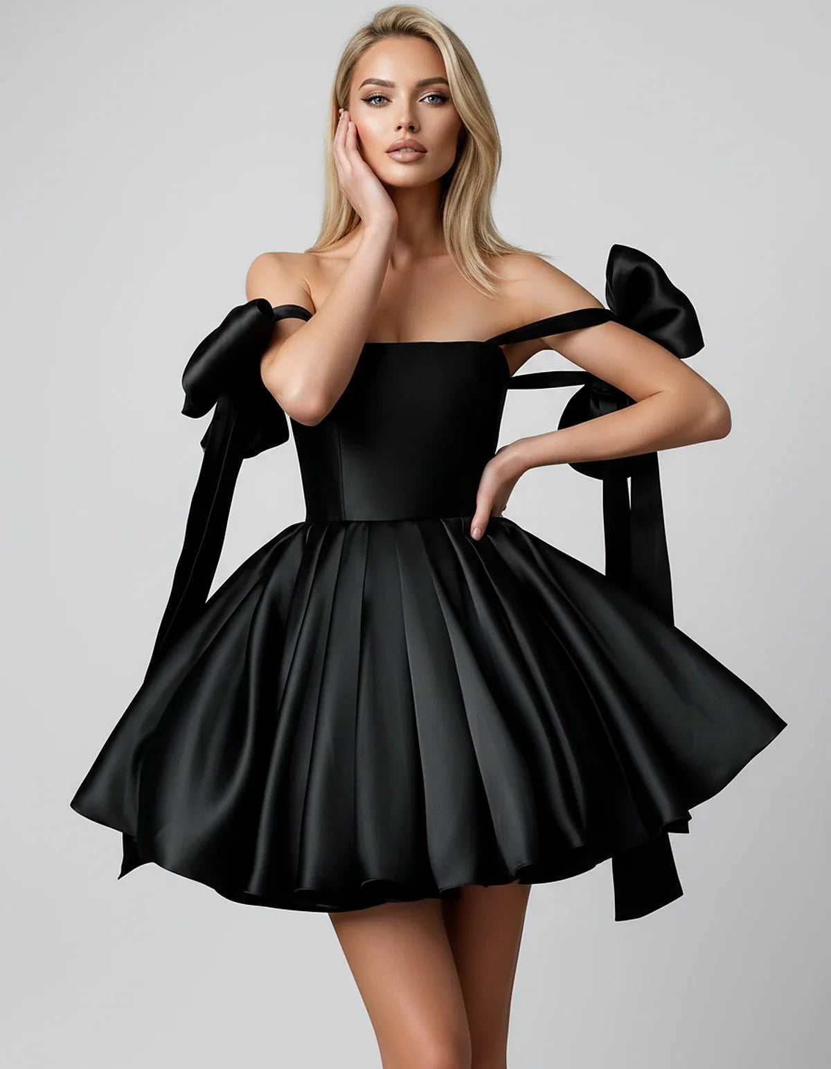 Satin Off-Shoulder Bow Fit-and-Flare Mini Dress with Pleated Skirt for Party, Cocktail, Evening, Summer & Wedding Guest Event | SKU: VMD-582741963851204-BLACK-L,VMD-582741963851204-BLACK-M,VMD-582741963851204-BLACK-S,VMD-582741963851204-BLACK-XL,VMD-582741963851204-BLACK-XS