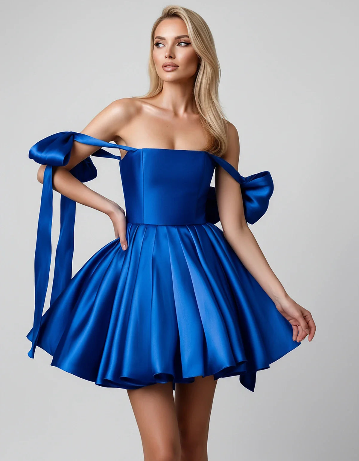 Satin Off-Shoulder Bow Fit-and-Flare Mini Dress with Pleated Skirt for Party, Cocktail, Evening, Summer & Wedding Guest Event | SKU: VMD-582741963851204-BLUE-L,VMD-582741963851204-BLUE-M,VMD-582741963851204-BLUE-S,VMD-582741963851204-BLUE-XL,VMD-582741963851204-BLUE-XS