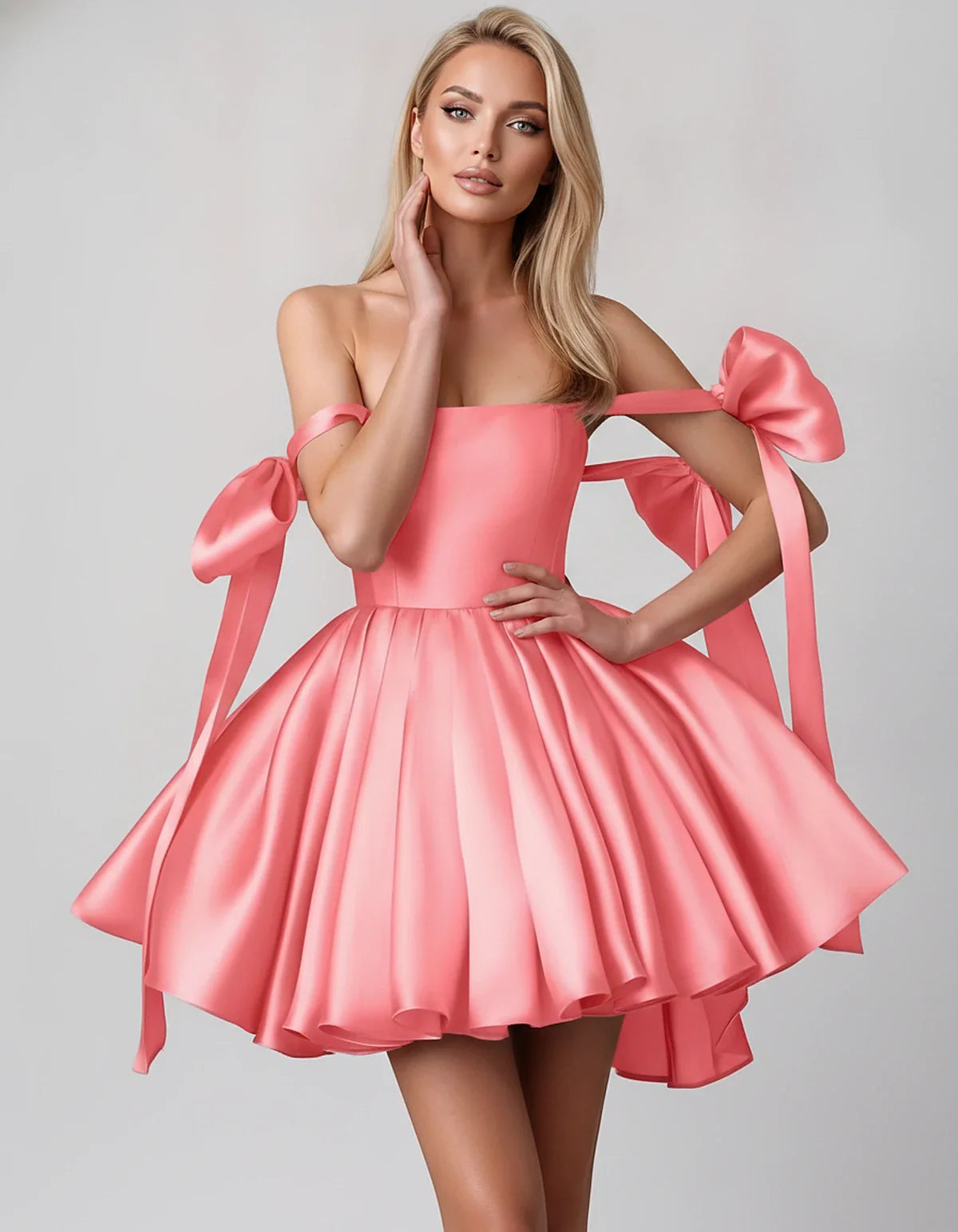 Satin Off-Shoulder Bow Fit-and-Flare Mini Dress with Pleated Skirt for Party, Cocktail, Evening, Summer & Wedding Guest Event | SKU: VMD-582741963851204-CORAL-L,VMD-582741963851204-CORAL-M,VMD-582741963851204-CORAL-S,VMD-582741963851204-CORAL-XL,VMD-582741963851204-CORAL-XS