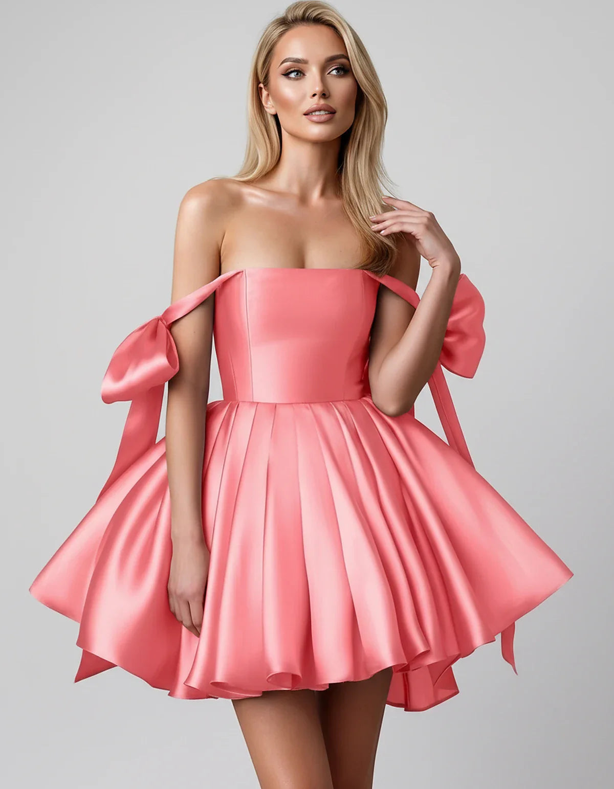 Satin Off-Shoulder Bow Fit-and-Flare Mini Dress with Pleated Skirt for Party, Cocktail, Evening, Summer & Wedding Guest Event | SKU: VMD-582741963851204-CORAL-L,VMD-582741963851204-CORAL-M,VMD-582741963851204-CORAL-S,VMD-582741963851204-CORAL-XL,VMD-582741963851204-CORAL-XS