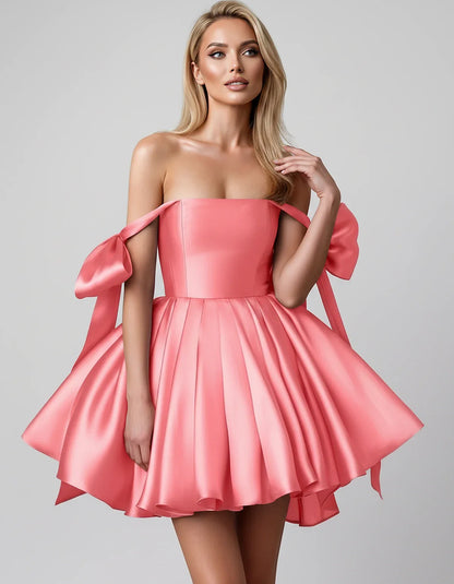 Satin Off-Shoulder Bow Fit-and-Flare Mini Dress with Pleated Skirt for Party, Cocktail, Evening, Summer & Wedding Guest Event | SKU: VMD-582741963851204-CORAL-L,VMD-582741963851204-CORAL-M,VMD-582741963851204-CORAL-S,VMD-582741963851204-CORAL-XL,VMD-582741963851204-CORAL-XS