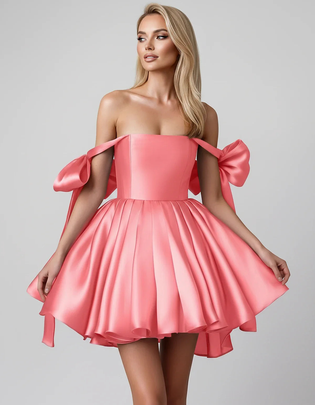 Satin Off-Shoulder Bow Fit-and-Flare Mini Dress with Pleated Skirt for Party, Cocktail, Evening, Summer & Wedding Guest Event | SKU: VMD-582741963851204-CORAL-L,VMD-582741963851204-CORAL-M,VMD-582741963851204-CORAL-S,VMD-582741963851204-CORAL-XL,VMD-582741963851204-CORAL-XS