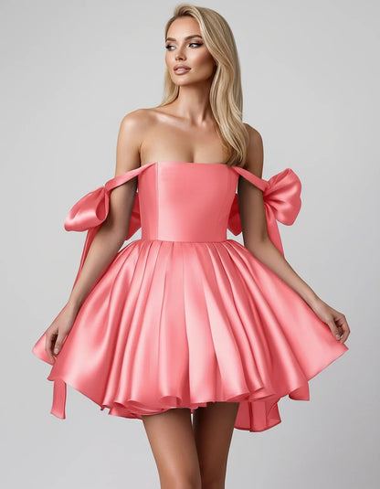 Satin Off-Shoulder Bow Fit-and-Flare Mini Dress with Pleated Skirt for Party, Cocktail, Evening, Summer & Wedding Guest Event | SKU: VMD-582741963851204-CORAL-L,VMD-582741963851204-CORAL-M,VMD-582741963851204-CORAL-S,VMD-582741963851204-CORAL-XL,VMD-582741963851204-CORAL-XS