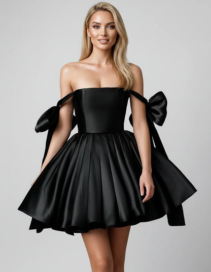 Satin Off-Shoulder Bow Fit-and-Flare Mini Dress with Pleated Skirt for Party, Cocktail, Evening, Summer & Wedding Guest Event | SKU: VMD-582741963851204-BLACK-L,VMD-582741963851204-BLACK-M,VMD-582741963851204-BLACK-S,VMD-582741963851204-BLACK-XL,VMD-582741963851204-BLACK-XS