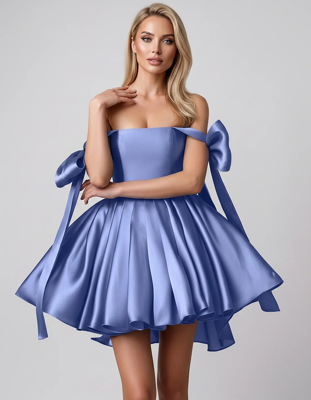 Satin Off-Shoulder Bow Fit-and-Flare Mini Dress with Pleated Skirt for Party, Cocktail, Evening, Summer & Wedding Guest Event | SKU: VMD-582741963851204-LAVENDER-L,VMD-582741963851204-LAVENDER-M,VMD-582741963851204-LAVENDER-S,VMD-582741963851204-LAVENDER-XL,VMD-582741963851204-LAVENDER-XS