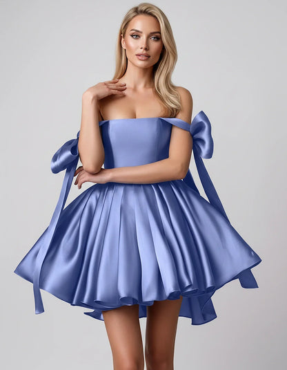 Satin Off-Shoulder Bow Fit-and-Flare Mini Dress with Pleated Skirt for Party, Cocktail, Evening, Summer & Wedding Guest Event | SKU: VMD-582741963851204-LAVENDER-L,VMD-582741963851204-LAVENDER-M,VMD-582741963851204-LAVENDER-S,VMD-582741963851204-LAVENDER-XL,VMD-582741963851204-LAVENDER-XS