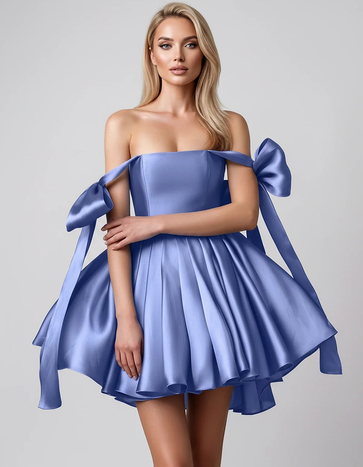 Satin Off-Shoulder Bow Fit-and-Flare Mini Dress with Pleated Skirt for Party, Cocktail, Evening, Summer & Wedding Guest Event | SKU: VMD-582741963851204-LAVENDER-L,VMD-582741963851204-LAVENDER-M,VMD-582741963851204-LAVENDER-S,VMD-582741963851204-LAVENDER-XL,VMD-582741963851204-LAVENDER-XS