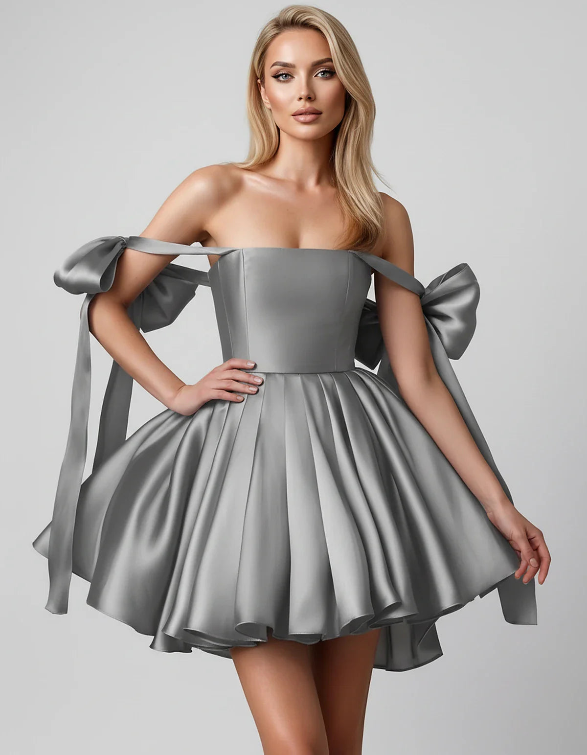 Satin Off-Shoulder Bow Fit-and-Flare Mini Dress with Pleated Skirt for Party, Cocktail, Evening, Summer & Wedding Guest Event | SKU: VMD-582741963851204-GRAY-L,VMD-582741963851204-GRAY-M,VMD-582741963851204-GRAY-S,VMD-582741963851204-GRAY-XL,VMD-582741963851204-GRAY-XS