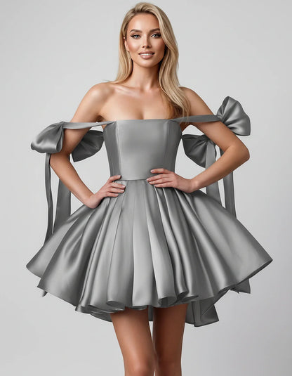 Satin Off-Shoulder Bow Fit-and-Flare Mini Dress with Pleated Skirt for Party, Cocktail, Evening, Summer & Wedding Guest Event | SKU: VMD-582741963851204-GRAY-L,VMD-582741963851204-GRAY-M,VMD-582741963851204-GRAY-S,VMD-582741963851204-GRAY-XL,VMD-582741963851204-GRAY-XS
