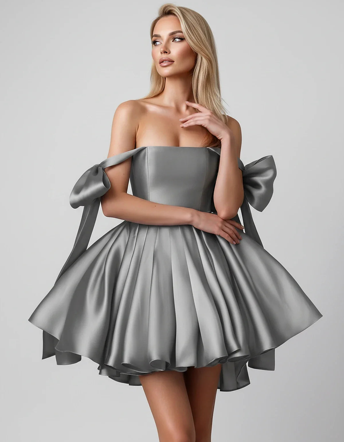 Satin Off-Shoulder Bow Fit-and-Flare Mini Dress with Pleated Skirt for Party, Cocktail, Evening, Summer & Wedding Guest Event | SKU: VMD-582741963851204-GRAY-L,VMD-582741963851204-GRAY-M,VMD-582741963851204-GRAY-S,VMD-582741963851204-GRAY-XL,VMD-582741963851204-GRAY-XS
