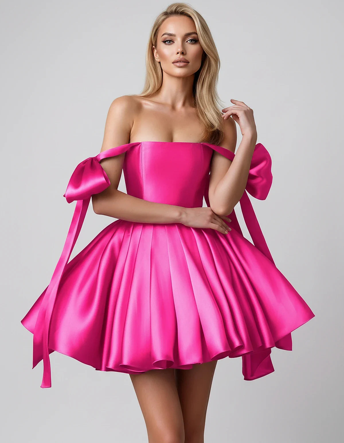 Satin Off-Shoulder Bow Fit-and-Flare Mini Dress with Pleated Skirt for Party, Cocktail, Evening, Summer & Wedding Guest Event | SKU: VMD-582741963851204-HOTPINK-L,VMD-582741963851204-HOTPINK-M,VMD-582741963851204-HOTPINK-S,VMD-582741963851204-HOTPINK-XL,VMD-582741963851204-HOTPINK-XS