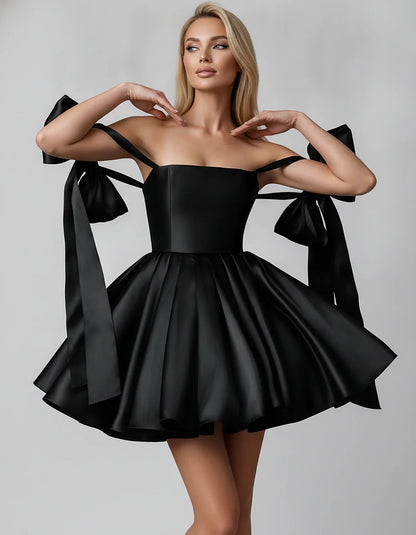 Satin Off-Shoulder Bow Fit-and-Flare Mini Dress with Pleated Skirt for Party, Cocktail, Evening, Summer & Wedding Guest Event | SKU: VMD-582741963851204-BLACK-L,VMD-582741963851204-BLACK-M,VMD-582741963851204-BLACK-S,VMD-582741963851204-BLACK-XL,VMD-582741963851204-BLACK-XS
