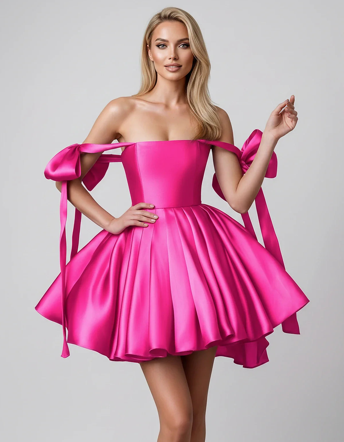 Satin Off-Shoulder Bow Fit-and-Flare Mini Dress with Pleated Skirt for Party, Cocktail, Evening, Summer & Wedding Guest Event | SKU: VMD-582741963851204-HOTPINK-L,VMD-582741963851204-HOTPINK-M,VMD-582741963851204-HOTPINK-S,VMD-582741963851204-HOTPINK-XL,VMD-582741963851204-HOTPINK-XS