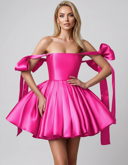 Satin Off-Shoulder Bow Fit-and-Flare Mini Dress with Pleated Skirt for Party, Cocktail, Evening, Summer & Wedding Guest Event | SKU: VMD-582741963851204-HOTPINK-L,VMD-582741963851204-HOTPINK-M,VMD-582741963851204-HOTPINK-S,VMD-582741963851204-HOTPINK-XL,VMD-582741963851204-HOTPINK-XS