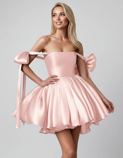 Satin Off-Shoulder Bow Fit-and-Flare Mini Dress with Pleated Skirt for Party, Cocktail, Evening, Summer & Wedding Guest Event | SKU: VMD-582741963851204-BLUSH-L,VMD-582741963851204-BLUSH-M,VMD-582741963851204-BLUSH-S,VMD-582741963851204-BLUSH-XL,VMD-582741963851204-BLUSH-XS