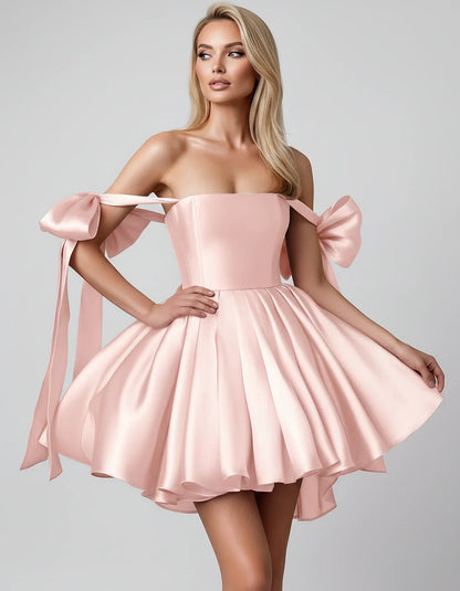 Satin Off-Shoulder Bow Fit-and-Flare Mini Dress with Pleated Skirt for Party, Cocktail, Evening, Summer & Wedding Guest Event | SKU: VMD-582741963851204-BLUSH-L,VMD-582741963851204-BLUSH-M,VMD-582741963851204-BLUSH-S,VMD-582741963851204-BLUSH-XL,VMD-582741963851204-BLUSH-XS