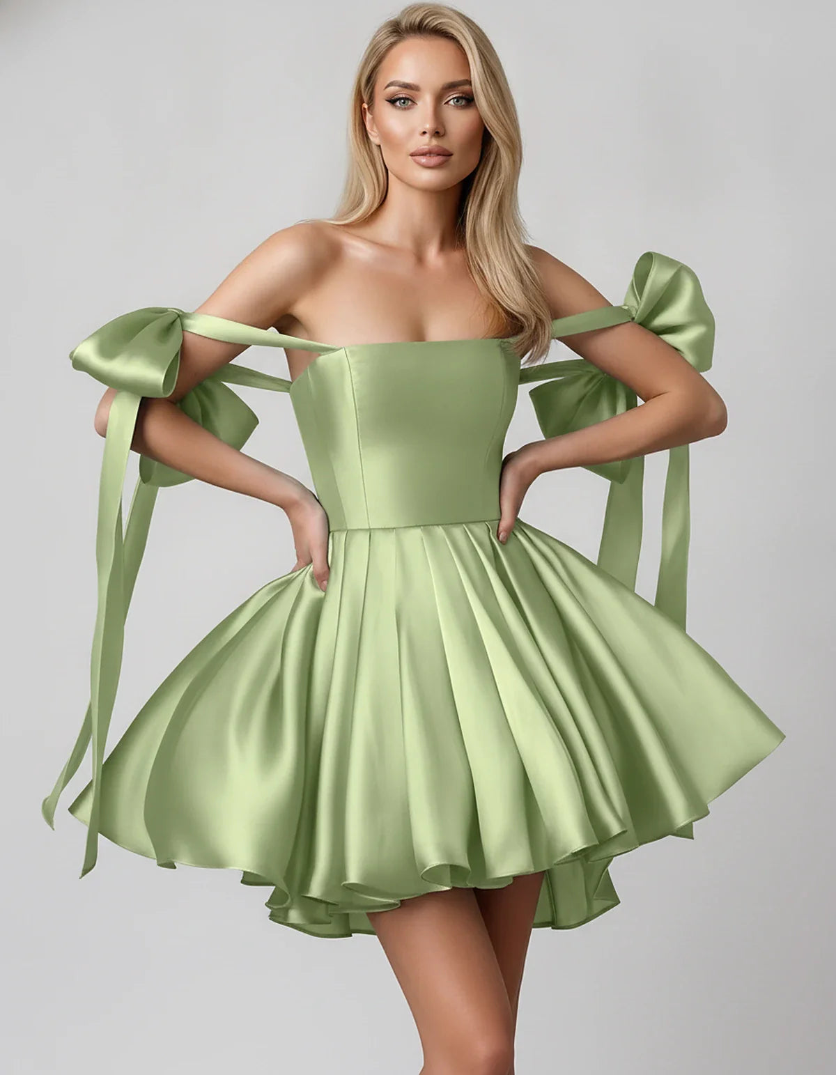 Satin Off-Shoulder Bow Fit-and-Flare Mini Dress with Pleated Skirt for Party, Cocktail, Evening, Summer & Wedding Guest Event | SKU: VMD-582741963851204-SAGE-L,VMD-582741963851204-SAGE-M,VMD-582741963851204-SAGE-S,VMD-582741963851204-SAGE-XL,VMD-582741963851204-SAGE-XS