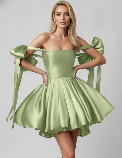 Satin Off-Shoulder Bow Fit-and-Flare Mini Dress with Pleated Skirt for Party, Cocktail, Evening, Summer & Wedding Guest Event | SKU: VMD-582741963851204-SAGE-L,VMD-582741963851204-SAGE-M,VMD-582741963851204-SAGE-S,VMD-582741963851204-SAGE-XL,VMD-582741963851204-SAGE-XS