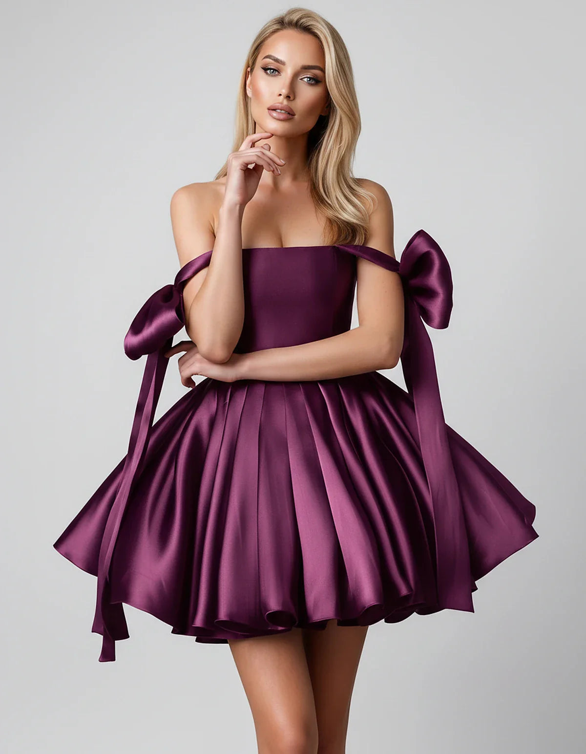 Satin Off-Shoulder Bow Fit-and-Flare Mini Dress with Pleated Skirt for Party, Cocktail, Evening, Summer & Wedding Guest Event | SKU: VMD-582741963851204-PLUM-L,VMD-582741963851204-PLUM-M,VMD-582741963851204-PLUM-S,VMD-582741963851204-PLUM-XL,VMD-582741963851204-PLUM-XS