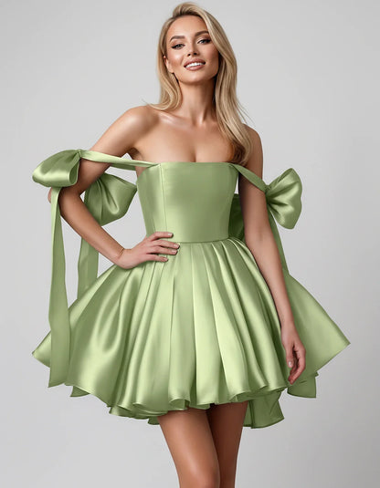 Satin Off-Shoulder Bow Fit-and-Flare Mini Dress with Pleated Skirt for Party, Cocktail, Evening, Summer & Wedding Guest Event | SKU: VMD-582741963851204-SAGE-L,VMD-582741963851204-SAGE-M,VMD-582741963851204-SAGE-S,VMD-582741963851204-SAGE-XL,VMD-582741963851204-SAGE-XS