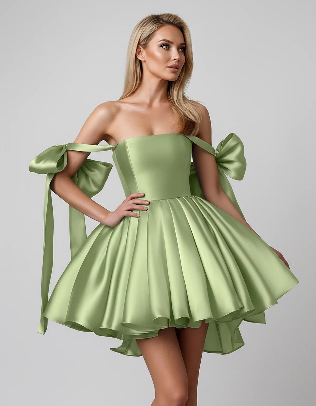 Satin Off-Shoulder Bow Fit-and-Flare Mini Dress with Pleated Skirt for Party, Cocktail, Evening, Summer & Wedding Guest Event | SKU: VMD-582741963851204-SAGE-L,VMD-582741963851204-SAGE-M,VMD-582741963851204-SAGE-S,VMD-582741963851204-SAGE-XL,VMD-582741963851204-SAGE-XS