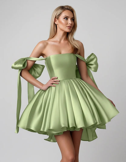Satin Off-Shoulder Bow Fit-and-Flare Mini Dress with Pleated Skirt for Party, Cocktail, Evening, Summer & Wedding Guest Event | SKU: VMD-582741963851204-SAGE-L,VMD-582741963851204-SAGE-M,VMD-582741963851204-SAGE-S,VMD-582741963851204-SAGE-XL,VMD-582741963851204-SAGE-XS