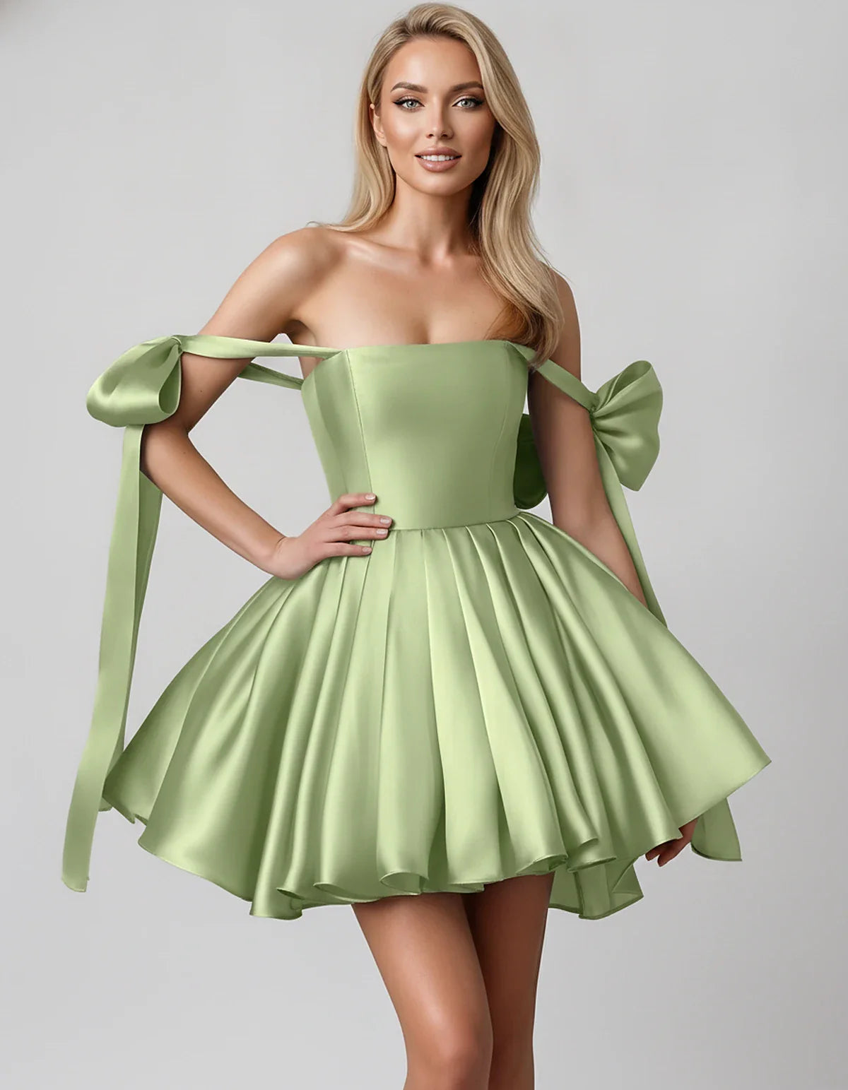 Satin Off-Shoulder Bow Fit-and-Flare Mini Dress with Pleated Skirt for Party, Cocktail, Evening, Summer & Wedding Guest Event | SKU: VMD-582741963851204-SAGE-L,VMD-582741963851204-SAGE-M,VMD-582741963851204-SAGE-S,VMD-582741963851204-SAGE-XL,VMD-582741963851204-SAGE-XS