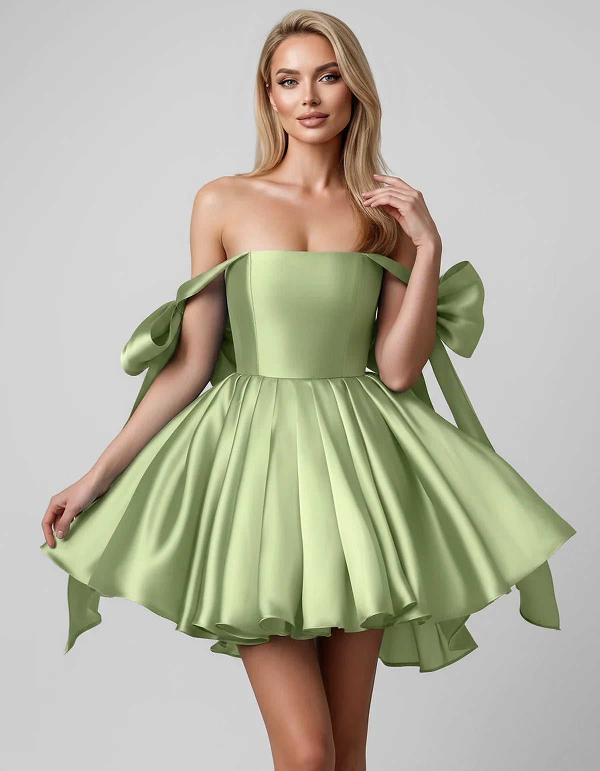 Satin Off-Shoulder Bow Fit-and-Flare Mini Dress with Pleated Skirt for Party, Cocktail, Evening, Summer & Wedding Guest Event | SKU: VMD-582741963851204-SAGE-L,VMD-582741963851204-SAGE-M,VMD-582741963851204-SAGE-S,VMD-582741963851204-SAGE-XL,VMD-582741963851204-SAGE-XS