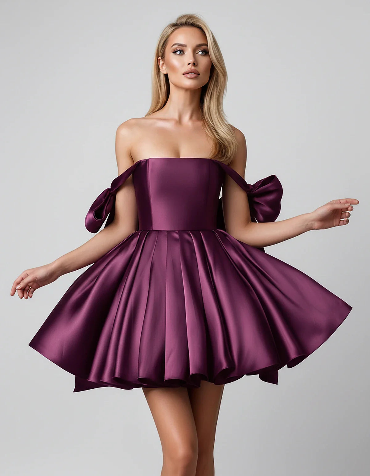 Satin Off-Shoulder Bow Fit-and-Flare Mini Dress with Pleated Skirt for Party, Cocktail, Evening, Summer & Wedding Guest Event | SKU: VMD-582741963851204-PLUM-L,VMD-582741963851204-PLUM-M,VMD-582741963851204-PLUM-S,VMD-582741963851204-PLUM-XL,VMD-582741963851204-PLUM-XS
