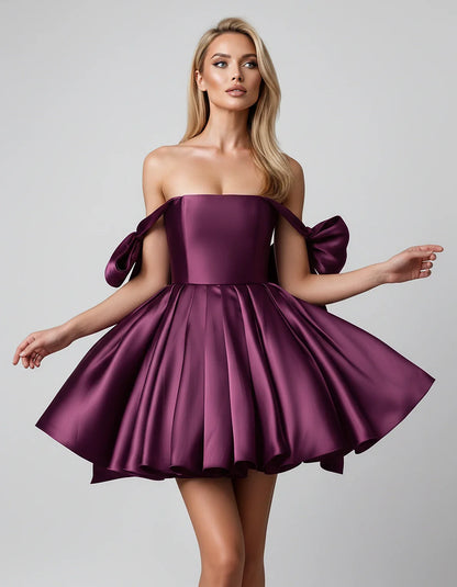 Satin Off-Shoulder Bow Fit-and-Flare Mini Dress with Pleated Skirt for Party, Cocktail, Evening, Summer & Wedding Guest Event | SKU: VMD-582741963851204-PLUM-L,VMD-582741963851204-PLUM-M,VMD-582741963851204-PLUM-S,VMD-582741963851204-PLUM-XL,VMD-582741963851204-PLUM-XS