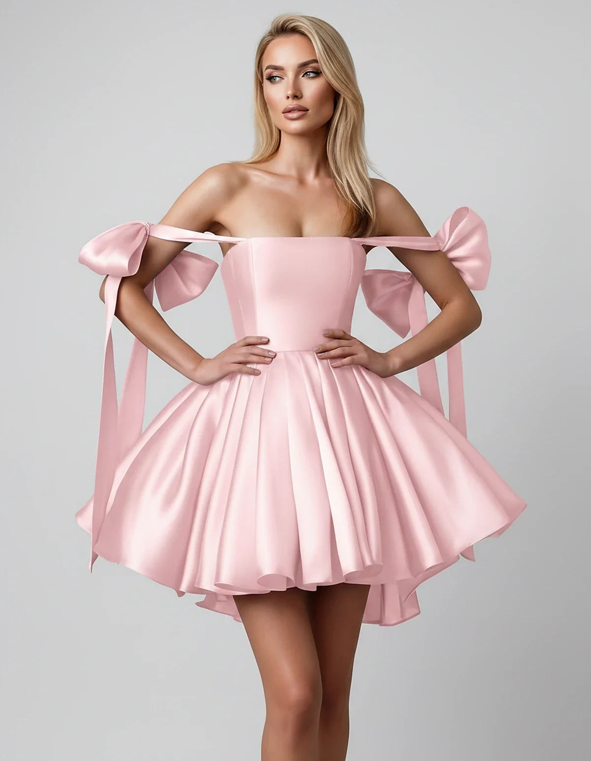 Satin Off-Shoulder Bow Fit-and-Flare Mini Dress with Pleated Skirt for Party, Cocktail, Evening, Summer & Wedding Guest Event | SKU: VMD-582741963851204-PINK-L,VMD-582741963851204-PINK-M,VMD-582741963851204-PINK-S,VMD-582741963851204-PINK-XL,VMD-582741963851204-PINK-XS