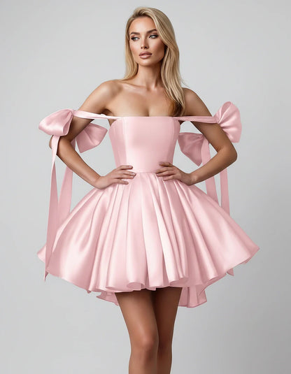Satin Off-Shoulder Bow Fit-and-Flare Mini Dress with Pleated Skirt for Party, Cocktail, Evening, Summer & Wedding Guest Event | SKU: VMD-582741963851204-PINK-L,VMD-582741963851204-PINK-M,VMD-582741963851204-PINK-S,VMD-582741963851204-PINK-XL,VMD-582741963851204-PINK-XS