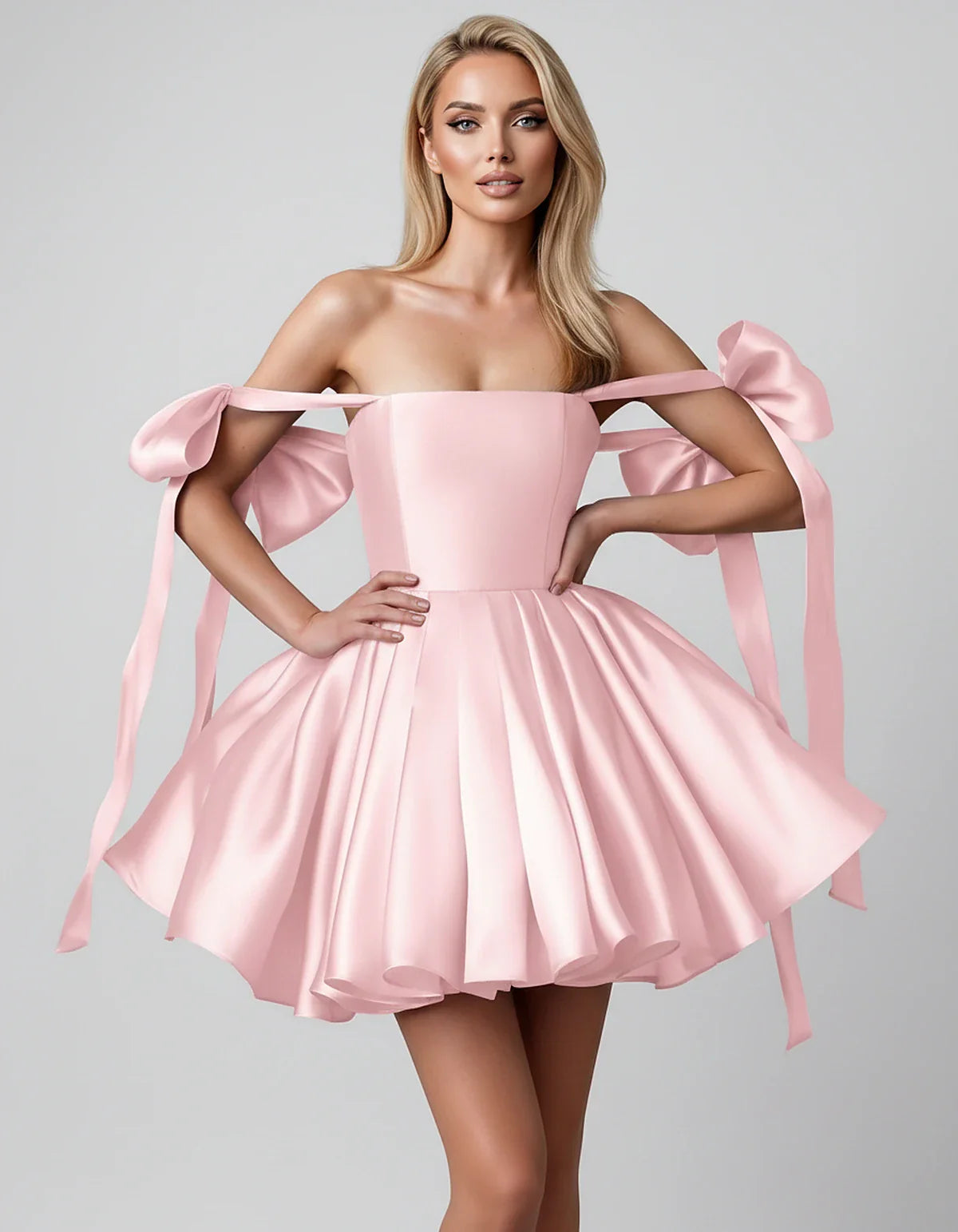 Satin Off-Shoulder Bow Fit-and-Flare Mini Dress with Pleated Skirt for Party, Cocktail, Evening, Summer & Wedding Guest Event | SKU: VMD-582741963851204-PINK-L,VMD-582741963851204-PINK-M,VMD-582741963851204-PINK-S,VMD-582741963851204-PINK-XL,VMD-582741963851204-PINK-XS