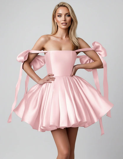 Satin Off-Shoulder Bow Fit-and-Flare Mini Dress with Pleated Skirt for Party, Cocktail, Evening, Summer & Wedding Guest Event | SKU: VMD-582741963851204-PINK-L,VMD-582741963851204-PINK-M,VMD-582741963851204-PINK-S,VMD-582741963851204-PINK-XL,VMD-582741963851204-PINK-XS