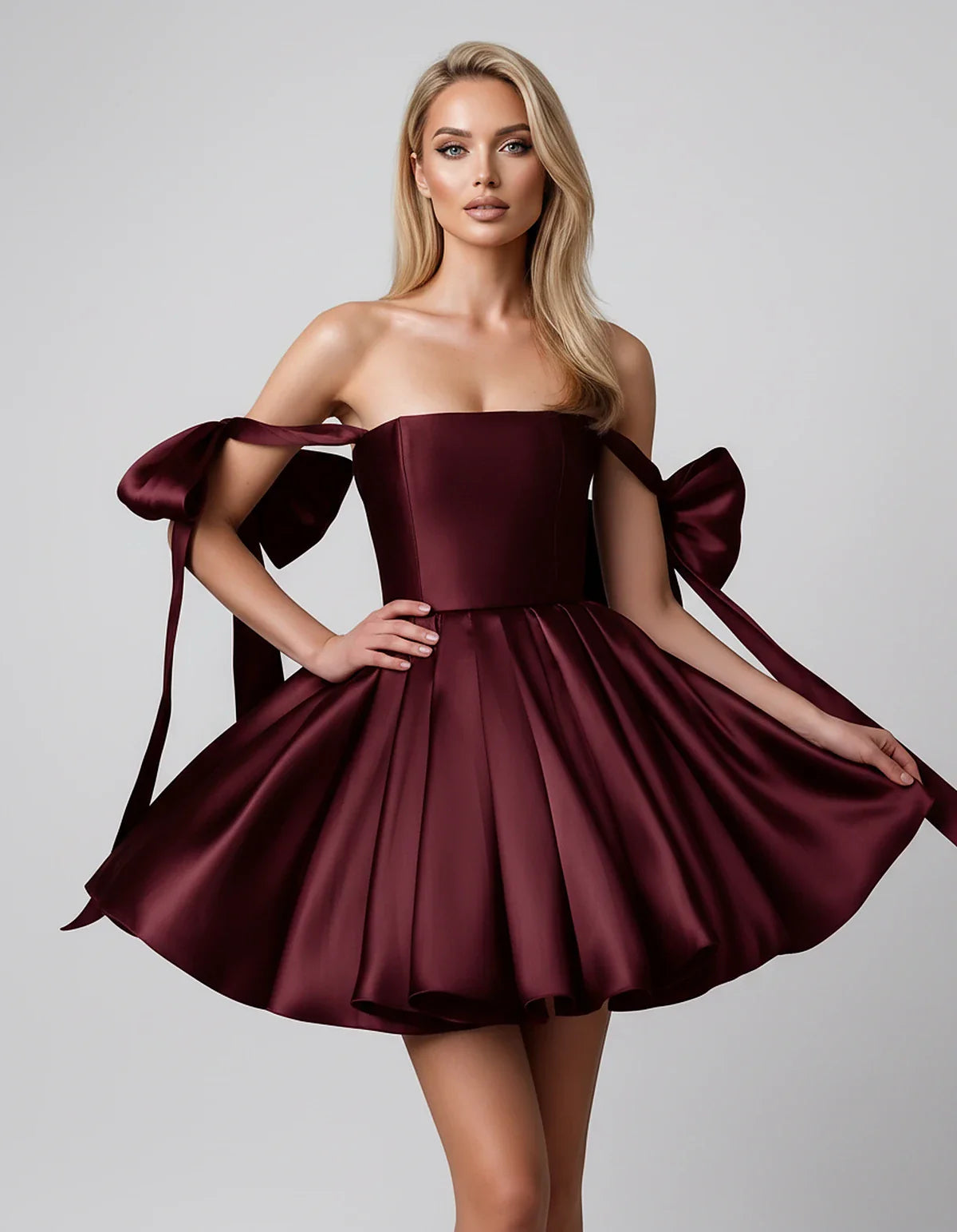 Satin Off-Shoulder Bow Fit-and-Flare Mini Dress with Pleated Skirt for Party, Cocktail, Evening, Summer & Wedding Guest Event | SKU: VMD-582741963851204-BURGUNDY-L,VMD-582741963851204-BURGUNDY-M,VMD-582741963851204-BURGUNDY-S,VMD-582741963851204-BURGUNDY-XL,VMD-582741963851204-BURGUNDY-XS
