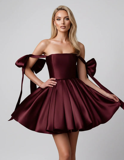 Satin Off-Shoulder Bow Fit-and-Flare Mini Dress with Pleated Skirt for Party, Cocktail, Evening, Summer & Wedding Guest Event | SKU: VMD-582741963851204-BURGUNDY-L,VMD-582741963851204-BURGUNDY-M,VMD-582741963851204-BURGUNDY-S,VMD-582741963851204-BURGUNDY-XL,VMD-582741963851204-BURGUNDY-XS