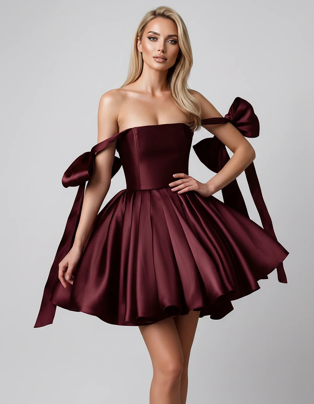 Satin Off-Shoulder Bow Fit-and-Flare Mini Dress with Pleated Skirt for Party, Cocktail, Evening, Summer & Wedding Guest Event | SKU: VMD-582741963851204-BURGUNDY-L,VMD-582741963851204-BURGUNDY-M,VMD-582741963851204-BURGUNDY-S,VMD-582741963851204-BURGUNDY-XL,VMD-582741963851204-BURGUNDY-XS